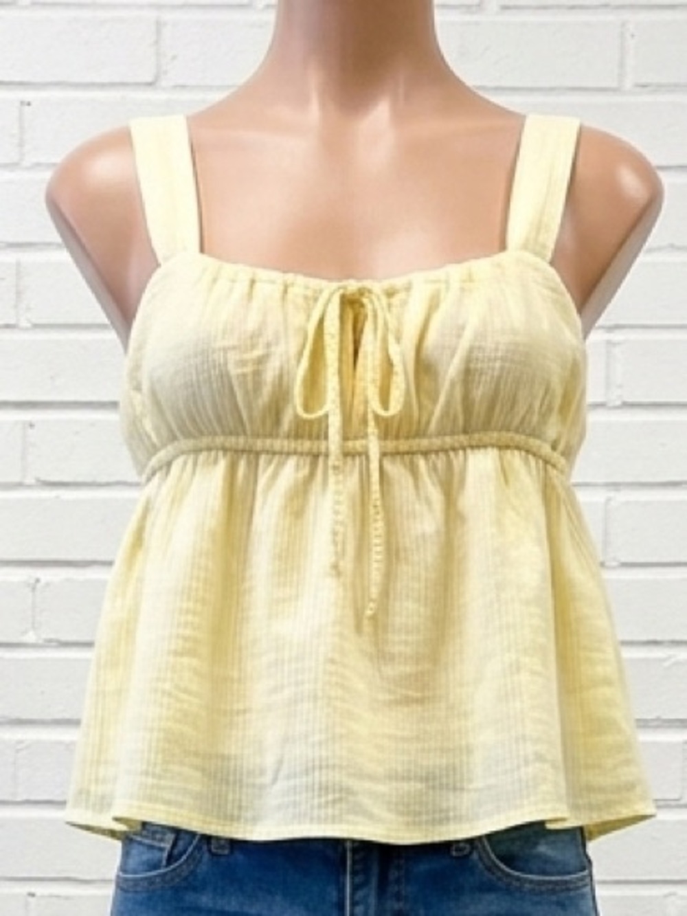 Pretty Garbage Butter Yellow Babydoll Tank Top Tie Front Textured
